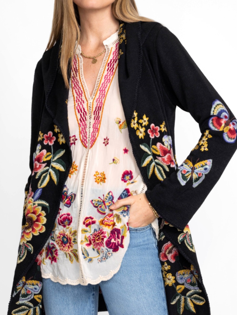 Johnny Was Multicolor Floral & Butterfly Embroidery Blouse - Picture 3 of 16